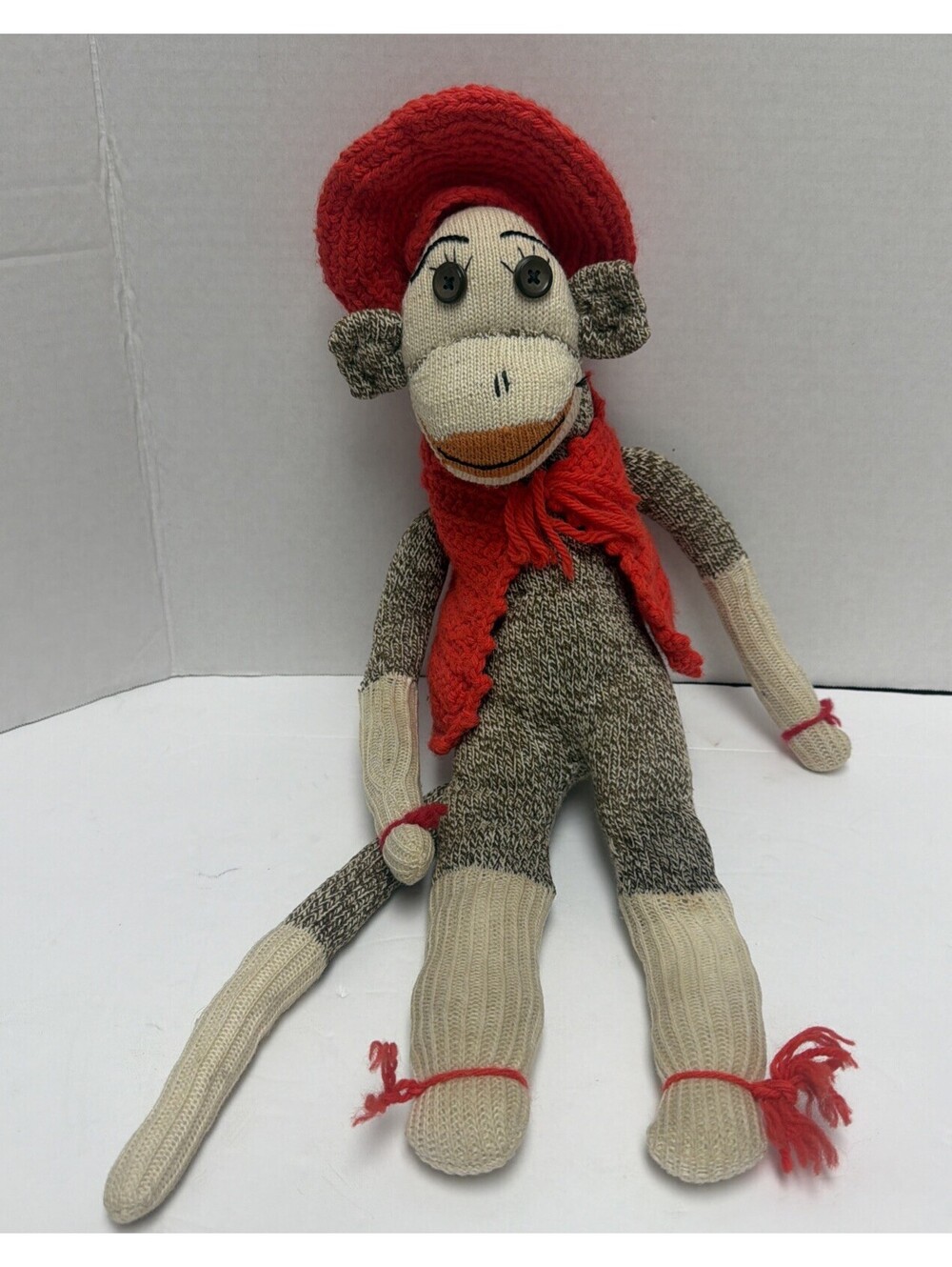 VTG Handmade Sock Monkey Brown Red Crochet Hat Vest Button Eyes 20” Long Tail